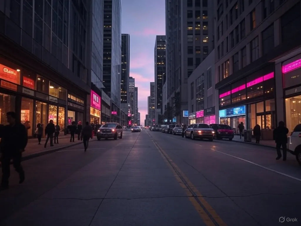 Blurred city street at dusk with gritty neon storefronts on one side and sleek glass buildings on the other, capturing the vibe of low-maintenance pixie wigs from Vibewigs.com